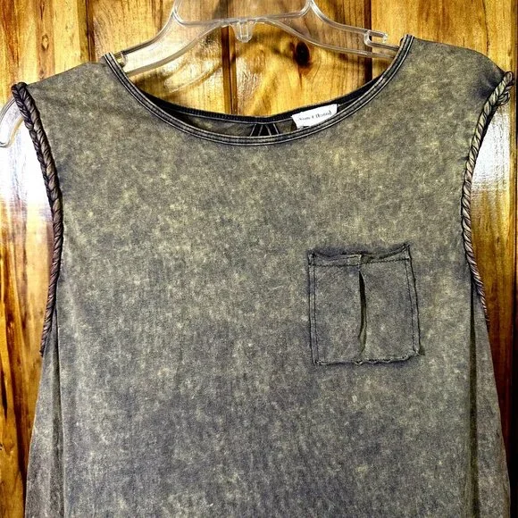 Hem & Thread Womens Cotton Mineral Wash Earthy Brown Sleeveless Top Braid Trim S - Picture 3 of 6